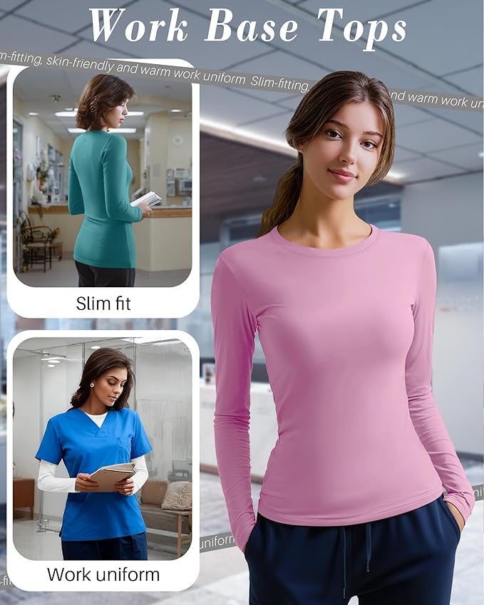 4 Pack Women's Underscrub Shirts Nurse Undershirts Long Sleeve Crewneck Slim Fit Tops Soft Stretchy Basic Tee