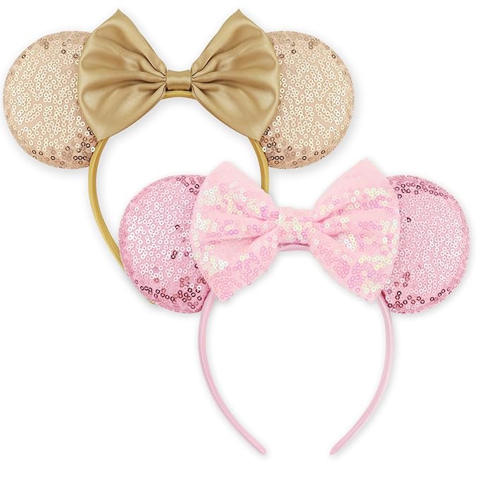 LIHELEI Mouse Ears Headband for Princess, Pink Headbands for Women Halloween Costume, Sequin Bows Headwear Hair Accessories -2 pack Rose Gold+Pink
