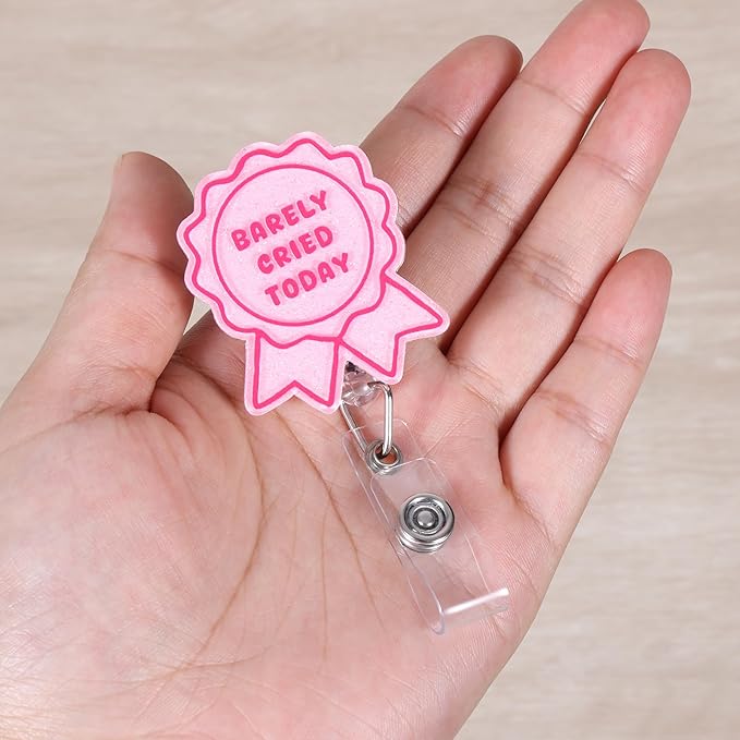 Barely Cried Today Funny Badge Reel, Cute Pink Ribbon Retractable ID Card Badge Holder, Name Tag Medical Work Badge Clip for RN LPN CNA MA ER Night Shift Nurse Paramedic Doctor Teachers, Nurse Gifts
