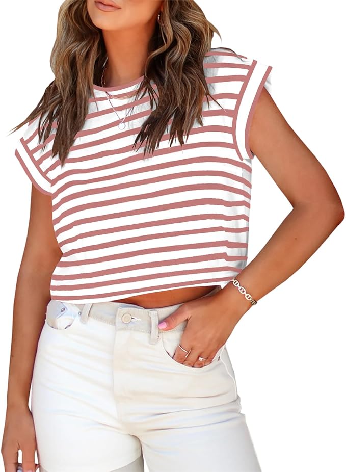 Tankaneo Womens Short Sleeve Cropped T-Shirts Summer Rolled Dolman Sleeve Crop Tops Casual Round Neck Solid Short Basic Tees