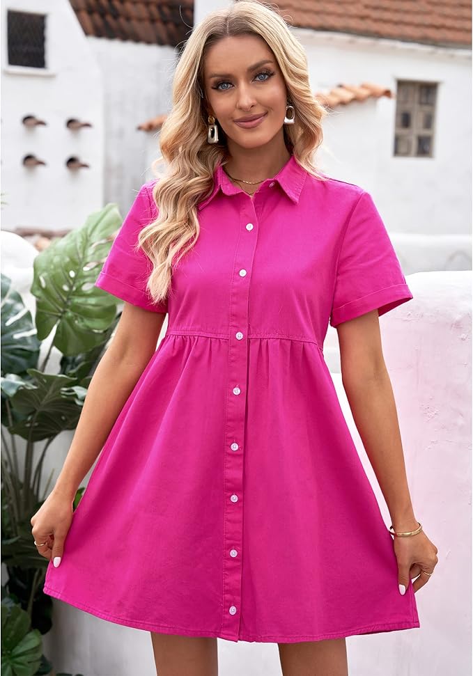 LookbookStore Women's Short Sleeve Button Down Flowy Tiered Babydoll Denim Dress