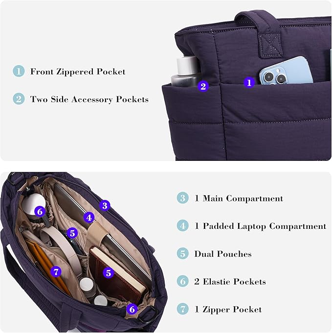AOCINA Puffer Tote Bag for Women Quilted Work Bag Nurse Bags Women's Shoulder Handbags for Travel Gym Gifts Laptop Purse