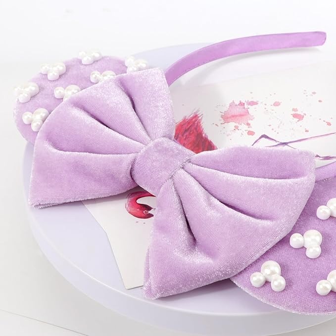 DRESHOW Mouse Ears Headbands for Women Pearl Hairbands Bow Head Bands Velvet Head Band Christmas Cosplay Costume Princess Party Decorations Halloween & Disney Trip