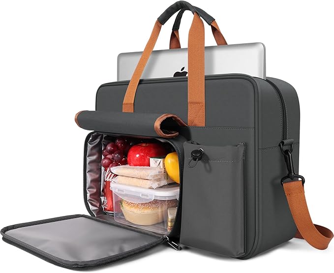 Insulated Lunch Bag & Laptop bag 2-in-1, 15.6 Inch Professional Tote for Men Women, 18L Lightweight Water-Resistant Work Bag with Bottle Pocket for Business, Office, Engineers, Teachers - Black Brown