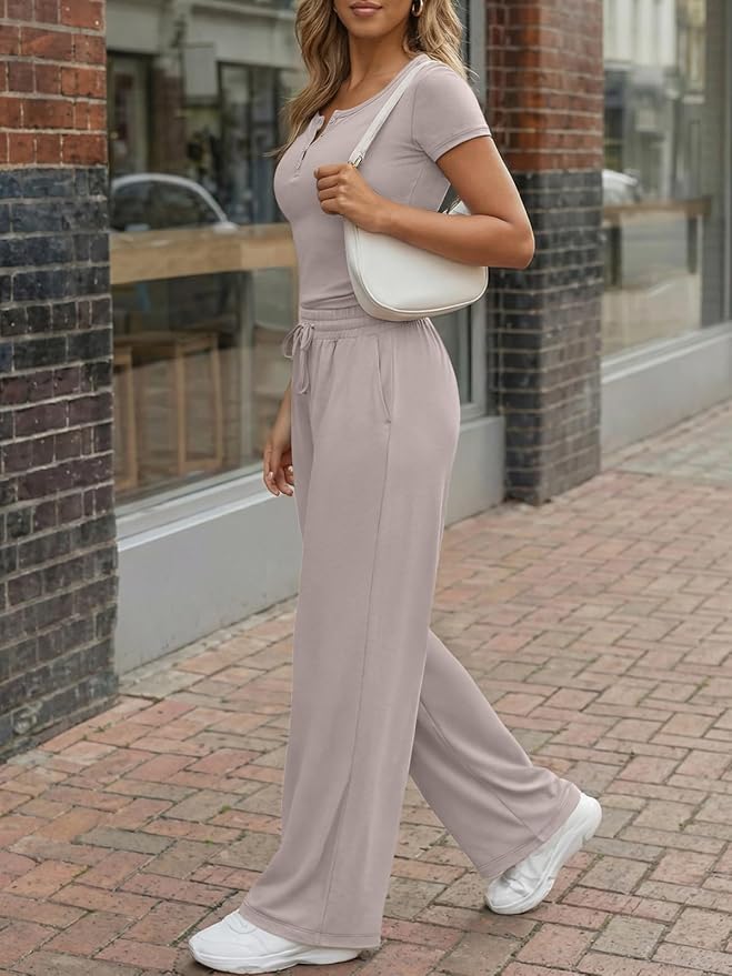 Trendy Queen Women's 2 Piece Matching Lounge Sets Summer Henley Neck Slightly Crop Top Wide Leg Pants Casual Sweat Suit