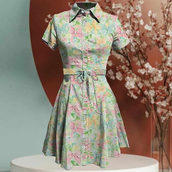 MARSVOVO Cute T Shirt Dress for Women Short Sleeve Button Up Tie Waist Elegant Casual Collared Smocked Midi Dress