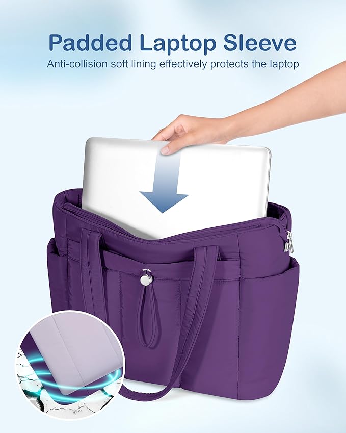 TOPDesign Puffy Tote Bag for Women with Cup Holder & Laptop Compartment & Cosmetic Bag & Trolley Sleeve for Work, Travel