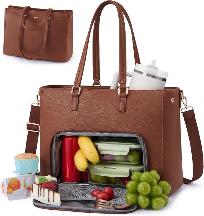 LOVEVOOK Lunch Tote Bag for Women, 3 in 1 Work Bag with Leakproof Cooler Compartment, Laptop Bag with Large Cup Holder for Office, College, Casual, Orange Brown