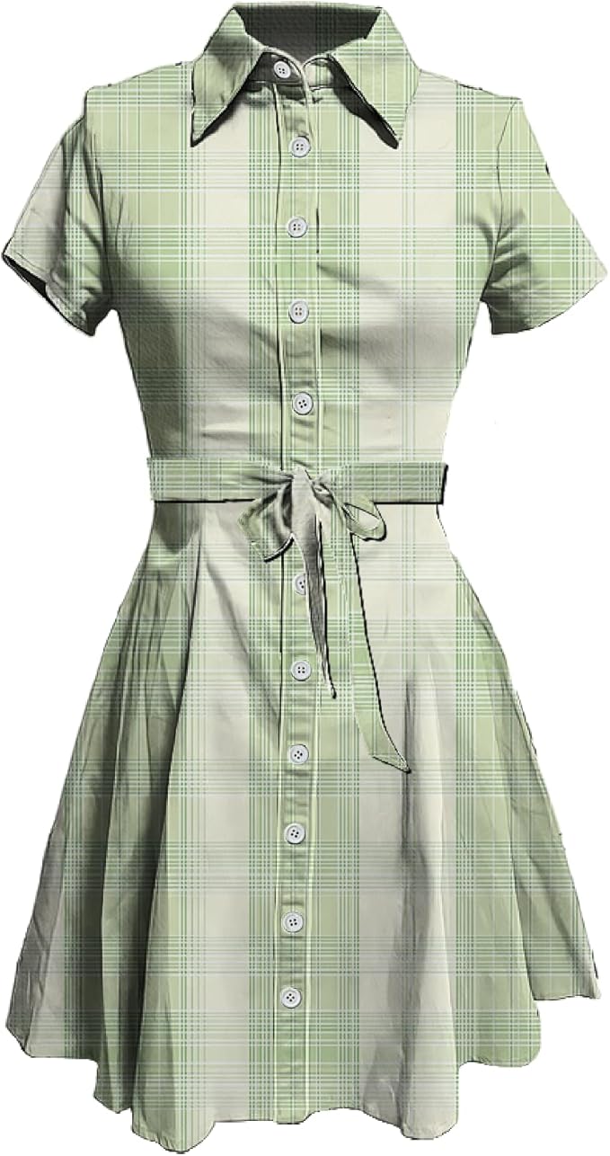 MARSVOVO Cute T Shirt Dress for Women Short Sleeve Button Up Tie Waist Elegant Casual Collared Smocked Midi Dress