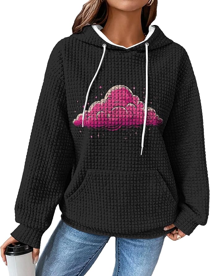 domirica Black Pullover Sweatshirts For Women Trendy Long Sleeve Waffle Sweatshirt With Hood Comfy Fall Clothing Qutfits