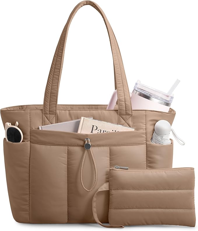 TOPDesign Puffy Tote Bag for Women with Cup Holder & Laptop Compartment & Cosmetic Bag & Trolley Sleeve for Work, Travel