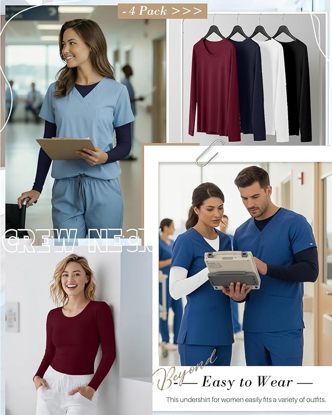 4 Pack Women's Underscrub Shirts Nurse Undershirts Long Sleeve Crewneck Slim Fit Tops Soft Stretchy Basic Tee