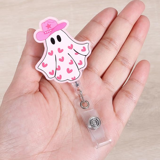 Valentines Day Cowboy Ghost Funny Nurse Badge Reel, Cute Pink Heart Retractable ID Card Badge Holder, Name Tag Medical Work Badge Clip for RN CNA LPN MA Nursing Student Doctor Teacher Office Workers