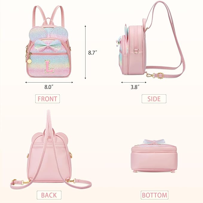 KKXIU Initial Bowknot Mini Backpacks for Girls Women, Small Cute Backpack Purse, Personalized Valentines Day Gifts for Toddler, Kids and Teen Girls(L, Rainbow)