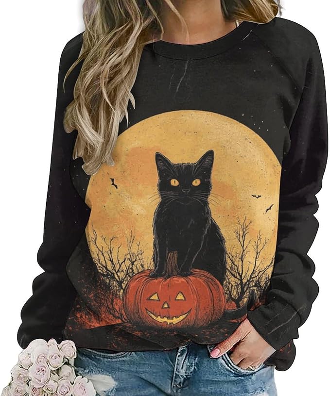 Spatofa Womens novelty funny cat printed crewneck sweatshirt casual loose long sleeve graphic pullover sweatshirts tops