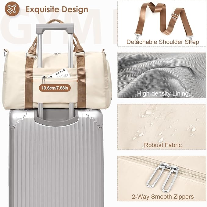 FIORETTO Womens Gym Tote Duffle Bag with Toiletry Bag, Sports Duffel Overnight Hospital Workout Carry on Bag for Girls with Wet Pocket & Shoe Compartment, Ideal for Travel, Swimming, Beige & Brown