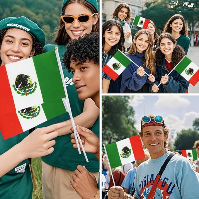 20 Pack Small Mexico Flags on Stick Mini Handheld Mexican Flag for Parades, Independence Day and Patriotic Events 5x8 Inch Durable Weather-Resistant Flags with 12 Inch Sticks(Mexico)