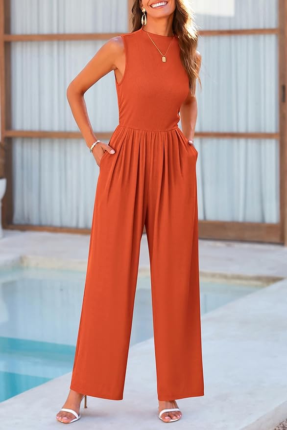PRETTYGARDEN Womens Summer Jumpsuits Dressy Casual One Piece Outfits Sleeveless Mock Neck Wide Leg Pants Rompers with Pockets