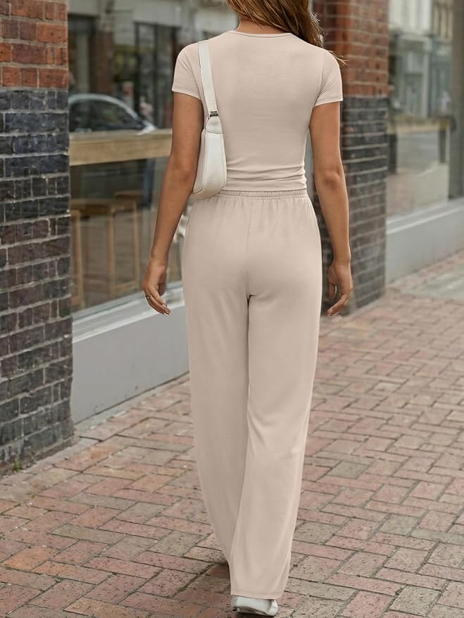 Trendy Queen Women's 2 Piece Matching Lounge Sets Summer Henley Neck Slightly Crop Top Wide Leg Pants Casual Sweat Suit