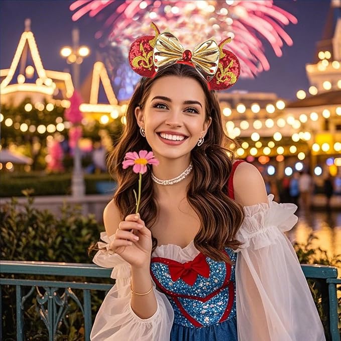 WW-WONDERFULWORLD Shiny Mouse Ears Headbands With Golden Bows & Ruby & Sequin, for Women PNA Costume Cosplay Glitter Star Wars Theme Party, Red; 2HJ