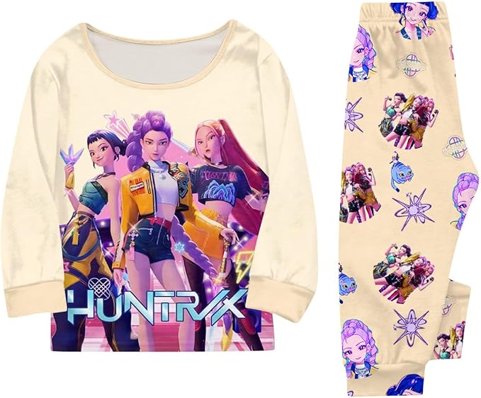 Girls 2 Piece K Pop Singer Outfits Cute Cartoon Graphic Shirts and Pants Casual Tracksuit Fashion Clothing Sets