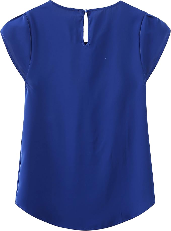 TASAMO Women's Casual Round Neck Basic Pleated Top Cap Sleeve Curved Keyhole Back Chiffon Blouse