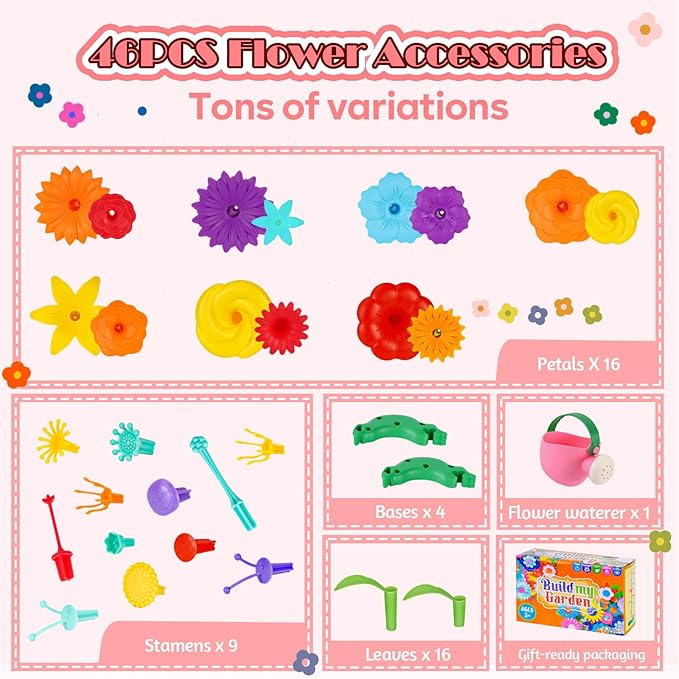 FUNZBO Flower Garden Building Toys Set - Birthday Gifts for Age 2 3 4 5 6 Years Old Girls, STEM Montessori Educational Toy for Toddler Kids, Sorting & Stacking Spring Gardening Set