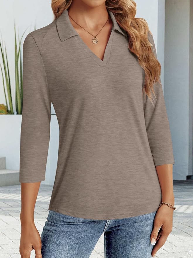 3/4 Length Sleeve Womens Tops Dressy Casual V Neck Polo Shirts Business Work Blouses 2025 Trendy Tunic Top