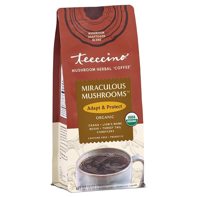 Teeccino Miraculous Mushrooms Adapt & Protect Coffee Alternative, 10 Oz – 5 Organic Adaptogenic Mushrooms with Chicory & Cacao, Caffeine Free, Prebiotic, Acid Free, All-Purpose Grind