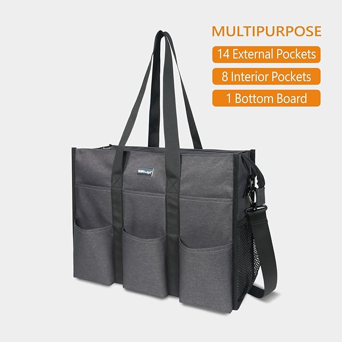 TOPDesign Utility Water Resistant Tote Bag with 22 Pockets, Top Zipper Closure & Thick Bottom Support, for Working Women