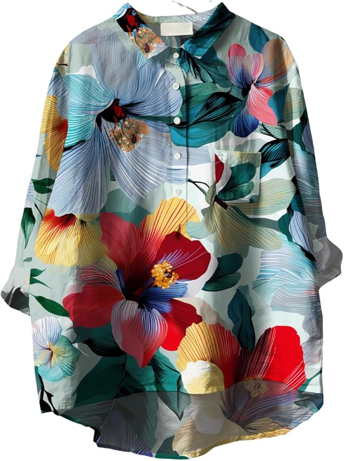 Womens Boho Tops 3/4 Long Sleeve Floral Blouses Hawaii Beach Button Down Shirts V Neck Pullover Casual Tunics