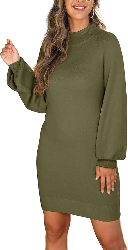 GRECERELLE 2026 Women's Mock Neck Ribbed Long Sleeve Bodycon Pullover Cute Mini Sweater Dress (XS-2XL)