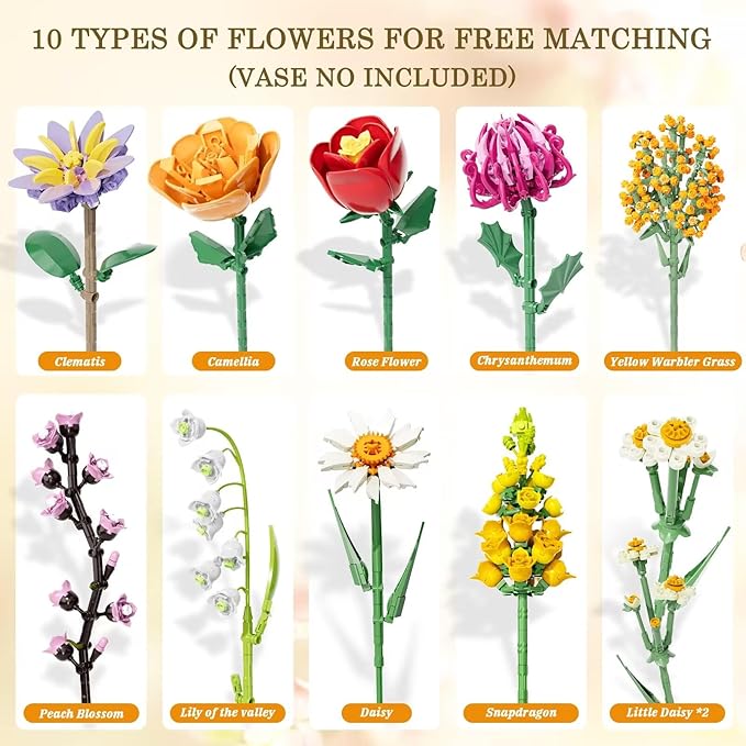 Flowers Bouquet Building Set, 1070PCS Wildflower Botanical Collection, Artificial Plant Flower Kit Toy for Adults Kids Women Her, Home Decor Gift for Birthday, Christmas, Valentines(No Vase)