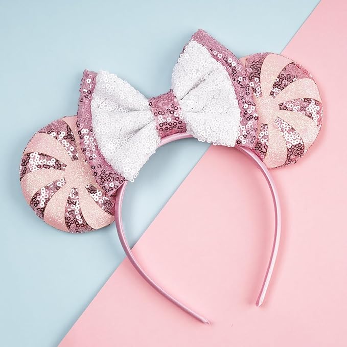 bianbaistar Pink Sequin Mouse Ear Headband – Adorable Candy Stripe Design with Bowknot, Perfect for Birthday Celebrations, Festivals, and Themed Party Costumes