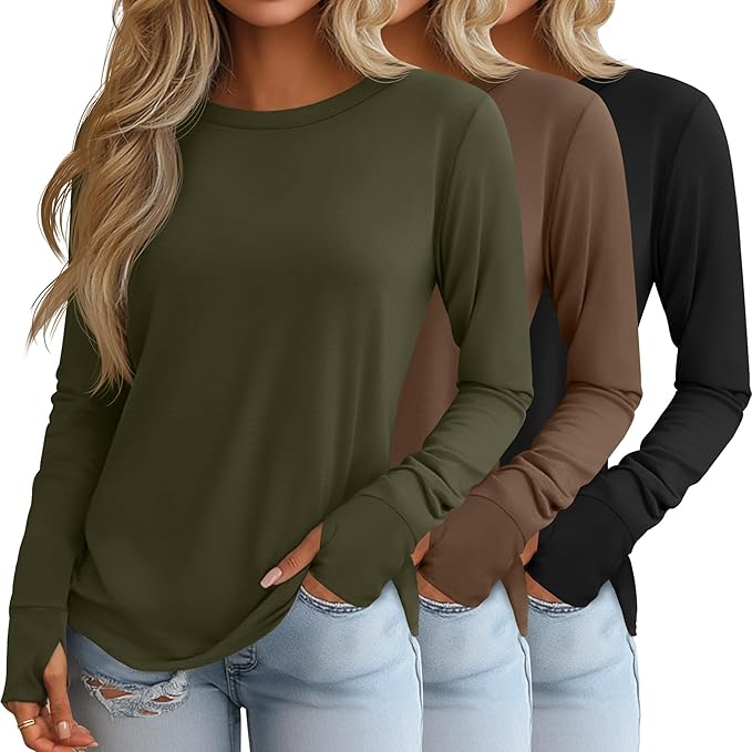 Huukeay 3 Pack Women's Long Sleeve Shirts with Thumb Holes, Cotton Casual Crew Neck Tunic Tops Fall Loose Y2k Trendy Outfits