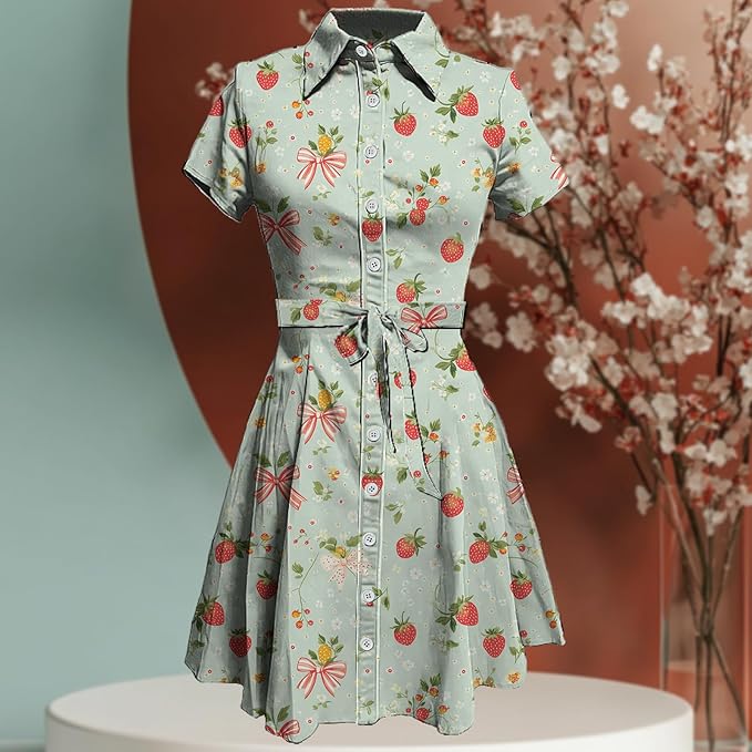 MARSVOVO Cute T Shirt Dress for Women Short Sleeve Button Up Tie Waist Elegant Casual Collared Smocked Midi Dress