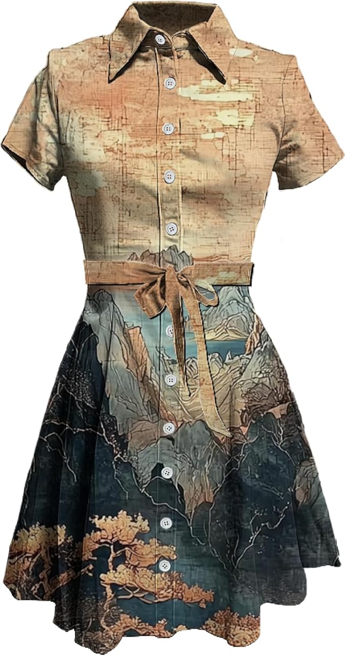 MARSVOVO Japanese Art Shirt Dresses for Women Short Sleeve Ruffle Button Down Tie Waist Trendy Elegant Midi Dress