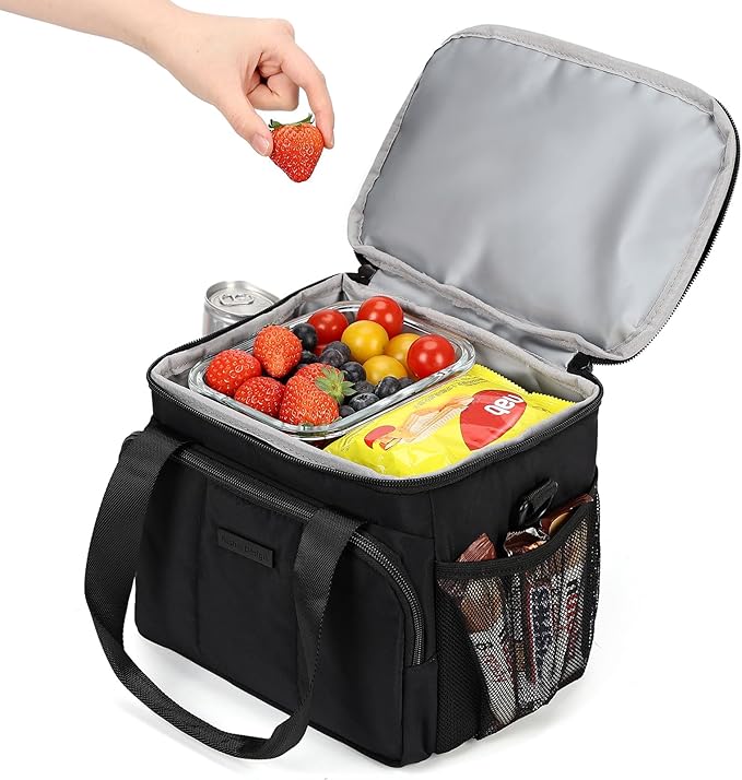 NISHEL Lunch Bag for Women, Insulated Leakproof Cooler Case with Detachable Shoulder Strap & Multiple Pocket, Easy-Clean PEVA Lining, Puffy Design for Work,Black