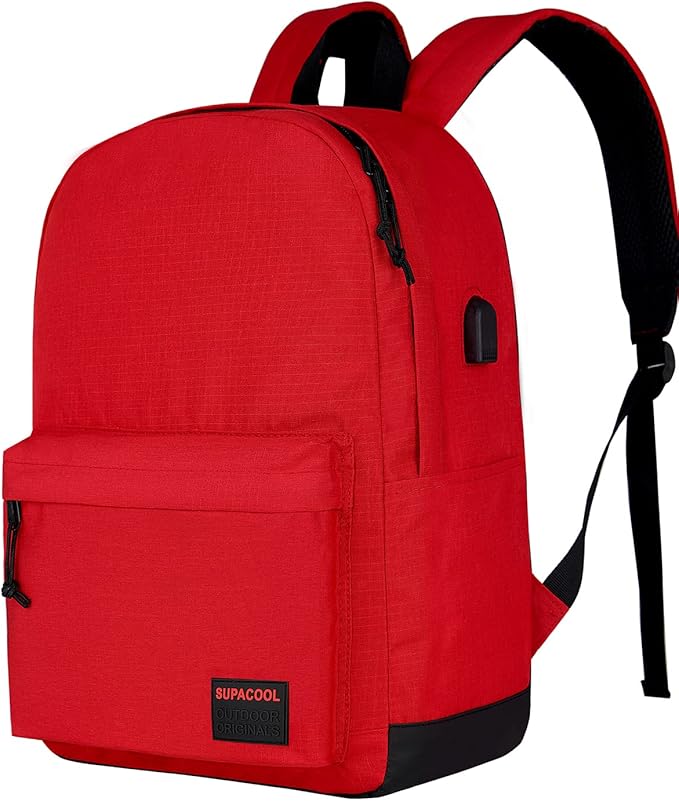 SUPACOOL Casual Laptop Backpack for Men and Women, Backpack for College, USB Charging Port, Lightweight Pack Back(Red)
