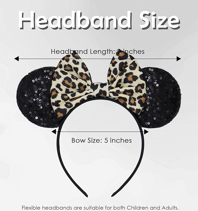LIHELEI Mouse Ears Headband with Leopard Bows, Animal Kingdom Headbands for Halloween Costume, Party Headwear Hair Accessories for Women - Black Leopard Print