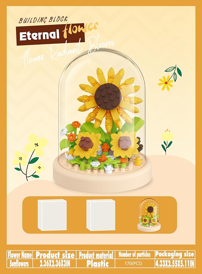 Sacblirr Sunflowers Secret Mini Flower Building Toy Bouquets with Dust Cover Set Creative Assembly Bonsai Tree Ideal for Home Decor Collection Toys