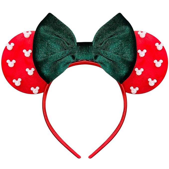 Trnerm Red & Velvet Green Fuzzy Mouse Ears Headband for Women, Cute Beads Headband with Bows, Christmas Hair Accessoires