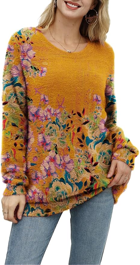 YESNO Women Christmas Sweater Graphic Printed Oversized Pullover Sweaters Casual Loose Knit Tops S01