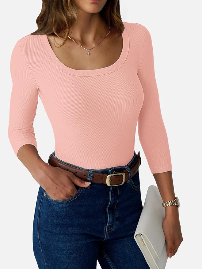 Womens 3/4 Sleeve Scoop Neck Top Ribbed Knit Slim Fitted Casual Basic Tee Shirts 2025 Fall Trendy Work T-Shirt Outfits