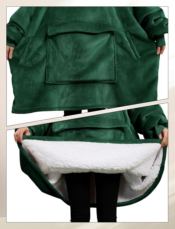 KFUBUO Wearable Blanket Hoodie for Adults Sherpa All Patterns Oversized Sweatshirt Blanket with Pockets Gifts for Mom Emerald Green