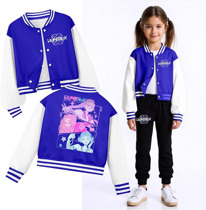 K PopGirls Kpop Tracksuit Cute Cartoon Print Baseball Coats Fashion Long Sleeve Jackets and Pants Christmas Costume Set