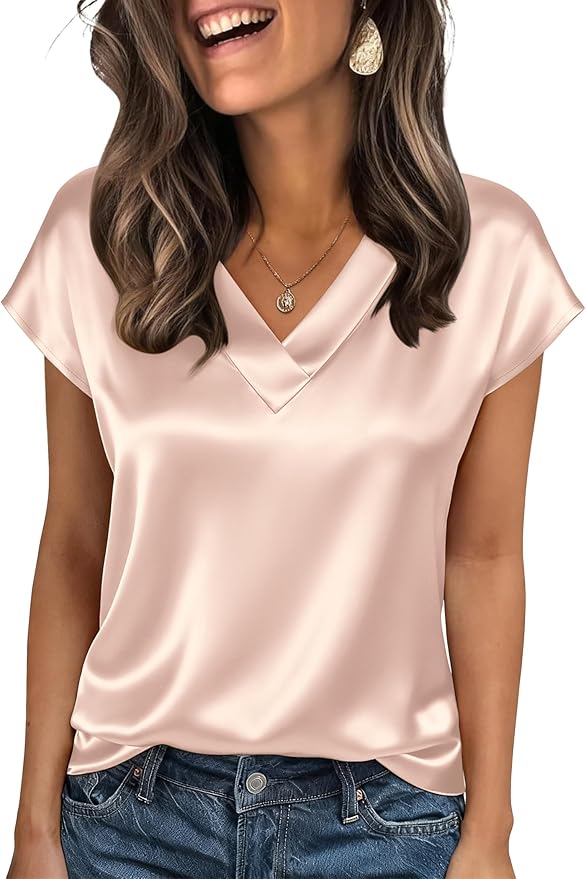 Zeagoo Women Silk Satin Tops Cap Short Sleeve Blouse V Neck Shirts Business Casual Outfits S-2XL