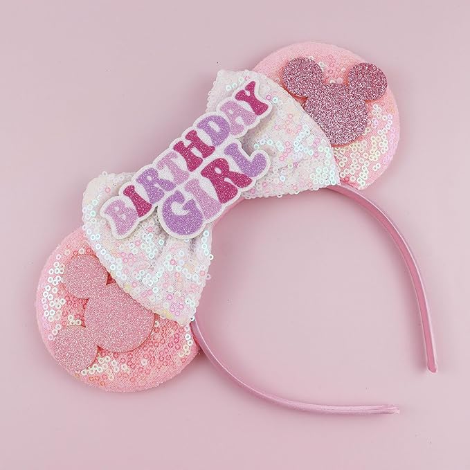 LIHELEI Mouse Ears Headband for Birthday Women, Princess Pink Headbands for Women, Sequin Bows Headwear Hair Accessories - Pink Birthday Headband