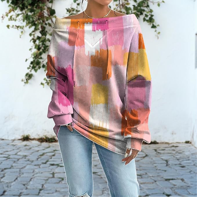 Womens Sweatshirts Floral Print Sexy Off The Shoulder T Shirts Oversized Long Sleeve Pullover Fall Tops