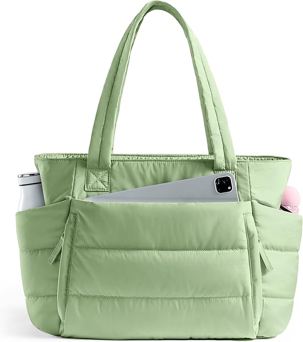 Tote Bag for Women with Zipper, Quilted Puffer Tote Bag with Compartments, Lightweight Puffy Work Bags for Women Travel
